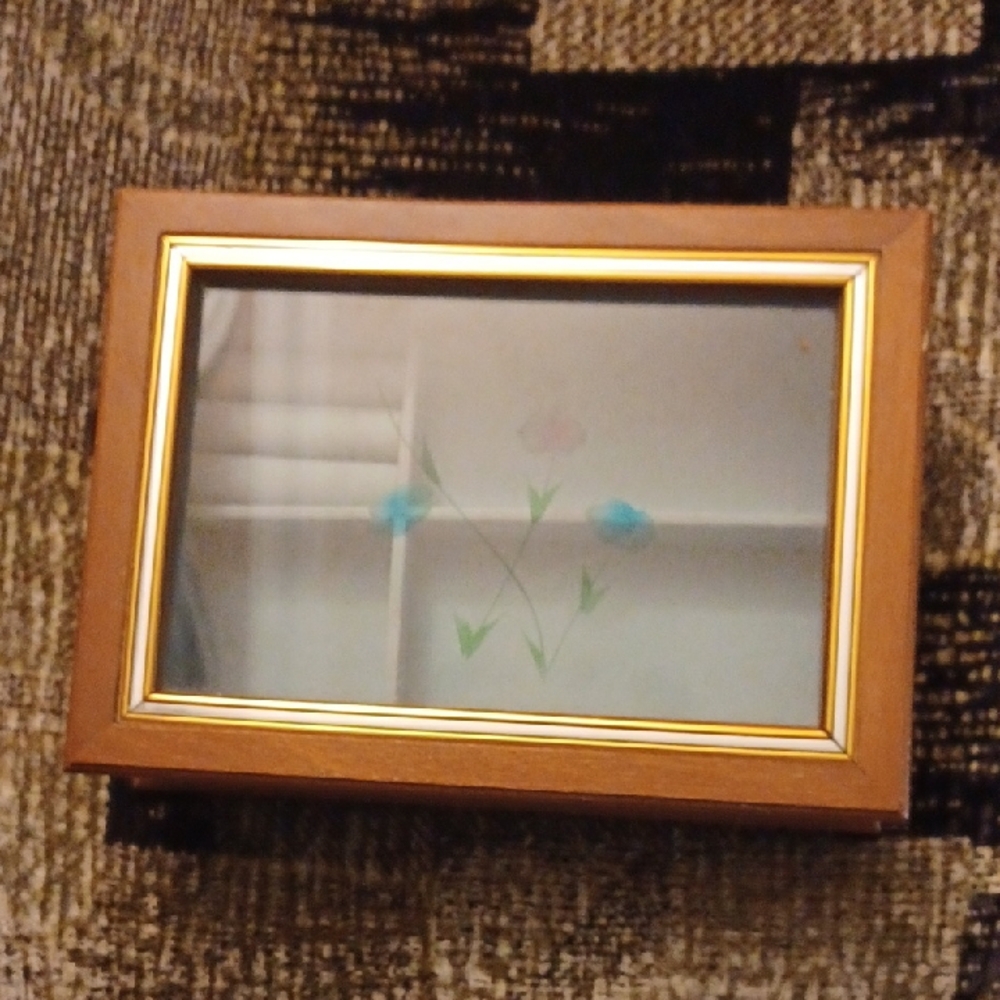 4/$60 Floral Glass Top Brown Jewelry Box with Gold & Silver Trim